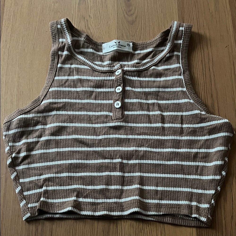 Striped Ribbed Henley Crop Top - Brown & White